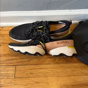 Sorel Black Sneakers with Tan Heel and Yellow Accents